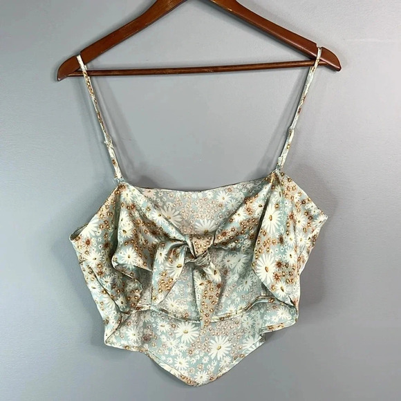 GARAGE Floral Printed Satin Handkerchief Tie Crop Top Sea-foam Blue Open Back L - Picture 5 of 10